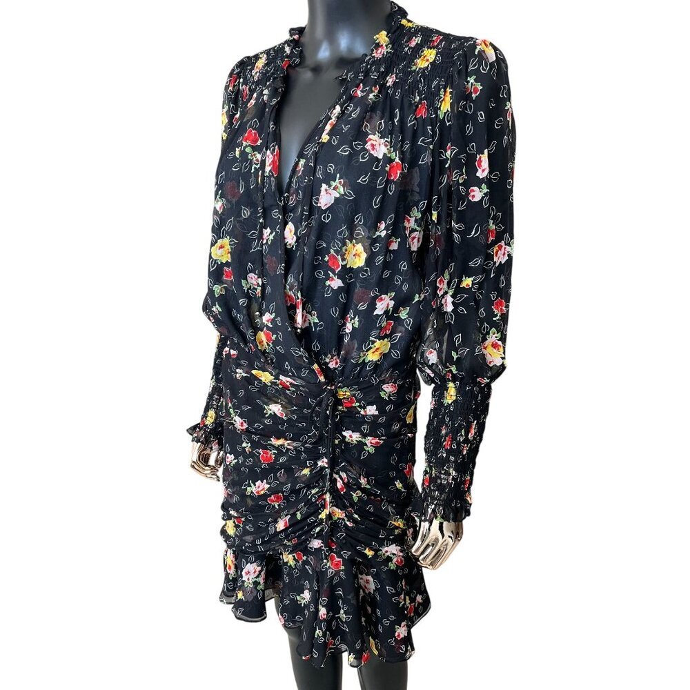 Veronica Beard  Armeria Black Floral Silk Wrap Dress Size 8 Ruched Ruffle Mini - Picture 6 of 8